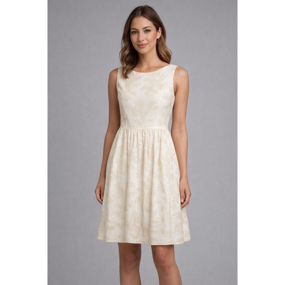 Hugo Boss Abstract Floral Fit & Flare Classic Cotton Dress Cream‎ White US 12